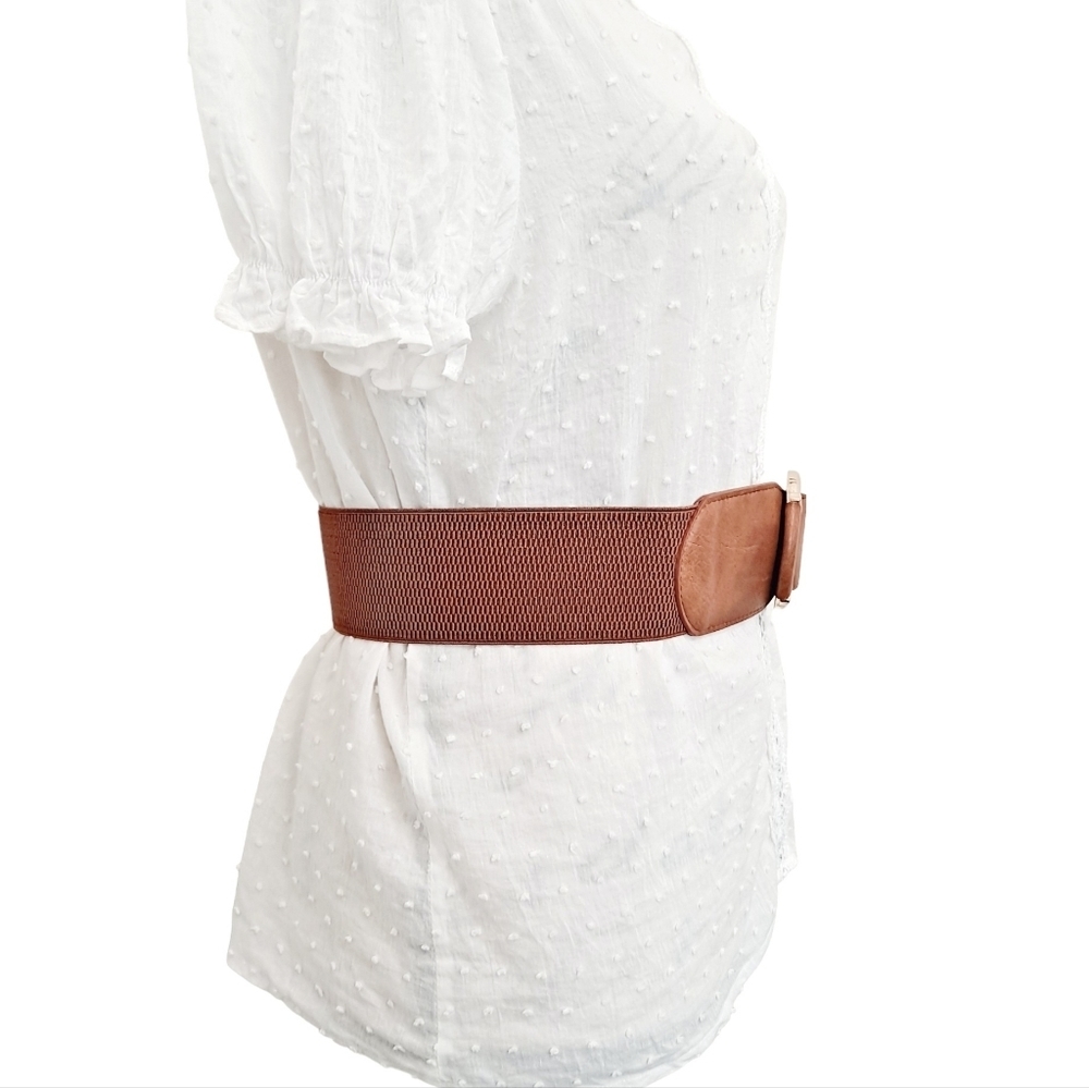 Womens elastic corset wide brown faux leather corset stretch boho waist belt - Picture 6 of 13